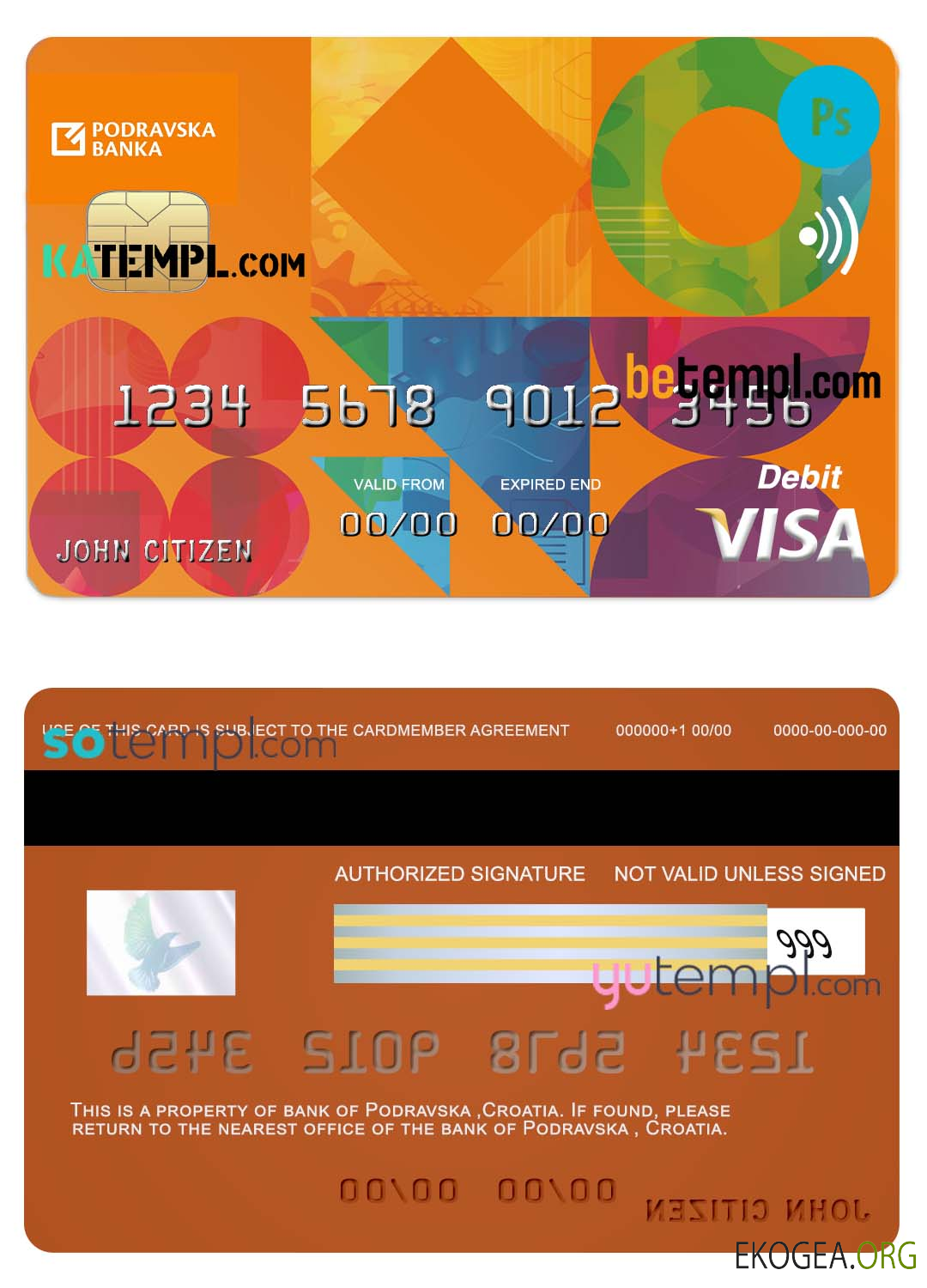 Modèle de carte de crédit visa bancaire Croatie Podravska au format PSD, entièrement modifiable